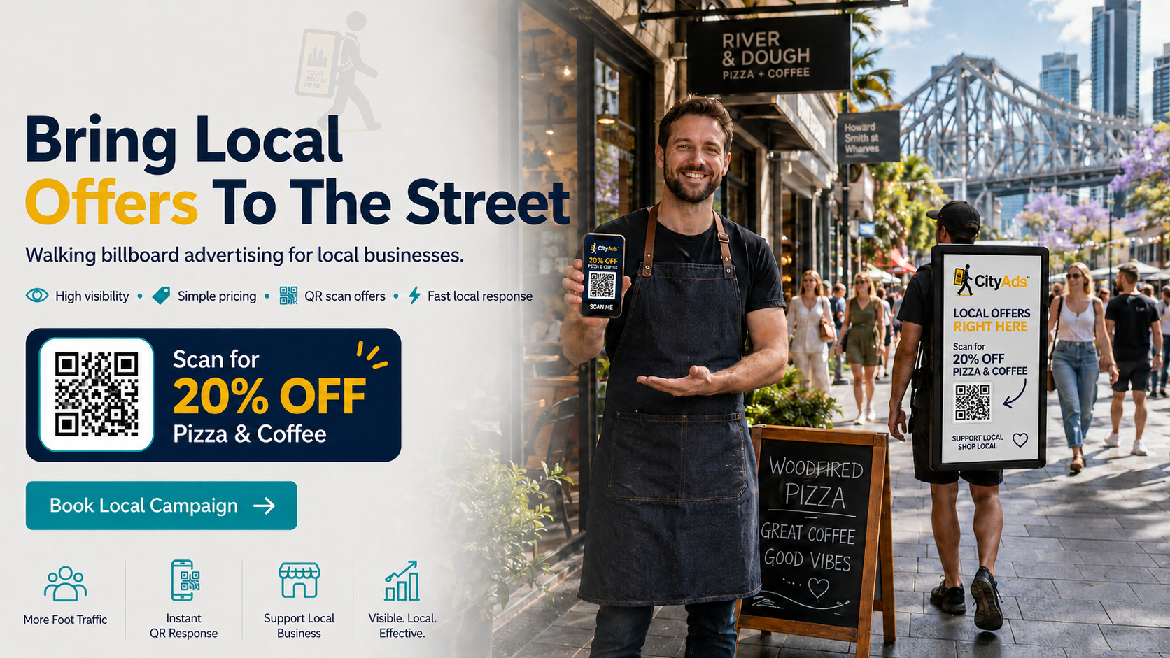 CityAds local offers walking billboard campaign bringing QR promotions to busy city streets and nearby customers
